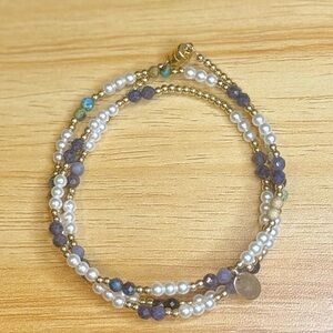 Dainty Mother of Pearl, Gold Filled & Sapphire Beaded Wire Triple Wrap Bracelet
